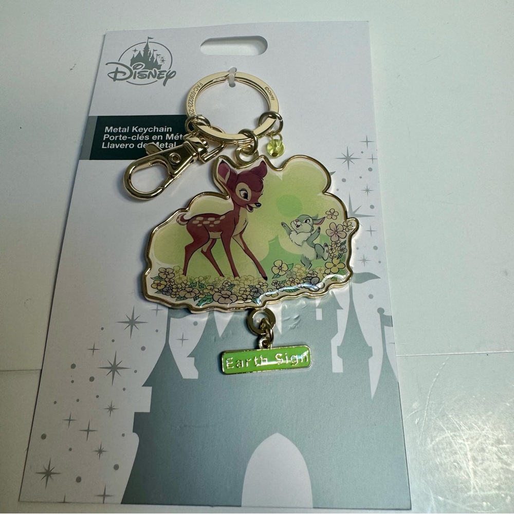 NWT. Disney Parks Bambi & Thumper Bunny Earth Sign Metal Keychain or Bag Charm.